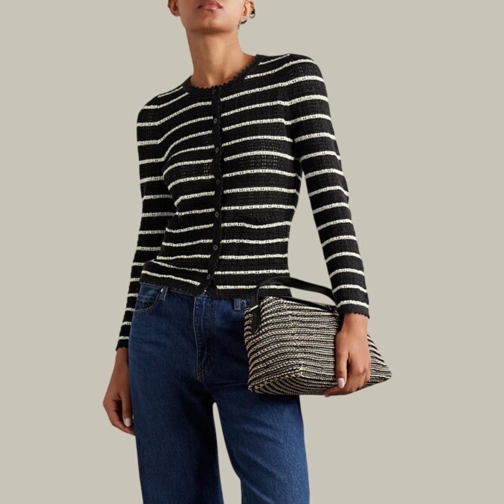 DOEN Therese Cardigan Noir Allaire Stripe Pima Cotton Silk Knit Sweater XXL